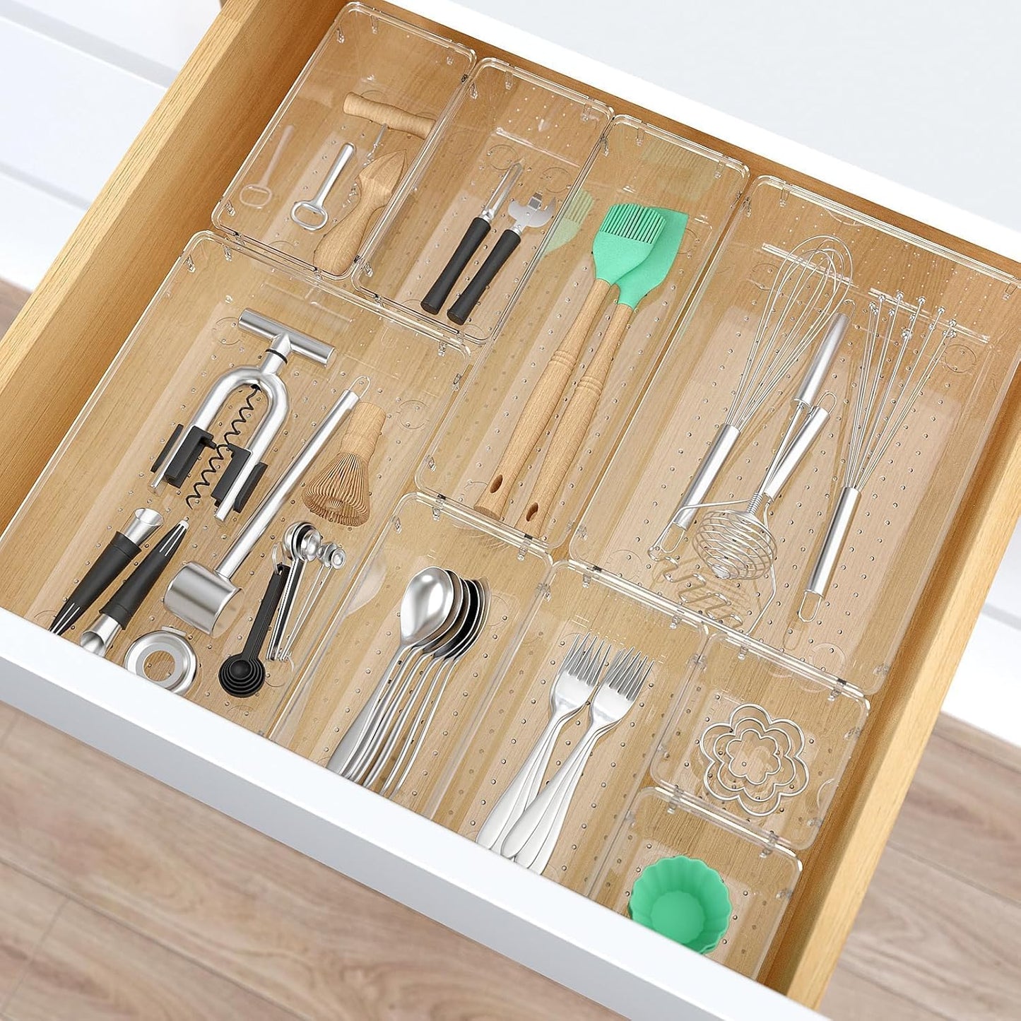 Stormiracle 28 PCS Clear Plastic Drawer Organizers Set, 4 Size Desk Drawer Organizer Trays for Makeup, Jewelry, Kitchen Utensils, Gadgets and Office Accessories