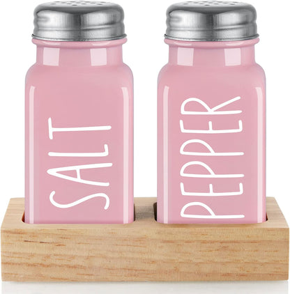 Pink Salt and Pepper Shakers Set with Holder - Pink Kitchen Home Decor and Accessories - Dopeca Glass Salt Shaker with Wood Tray for Kitchen Counter or Table -2.7 Oz