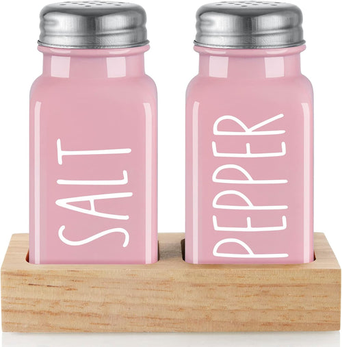 Pink Salt and Pepper Shakers Set with Holder - Pink Kitchen Home Decor and Accessories - Dopeca Glass Salt Shaker with Wood Tray for Kitchen Counter or Table -2.7 Oz