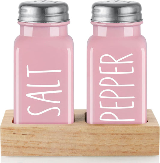 Pink Salt and Pepper Shakers Set with Holder - Pink Kitchen Home Decor and Accessories - Dopeca Glass Salt Shaker with Wood Tray for Kitchen Counter or Table -2.7 Oz