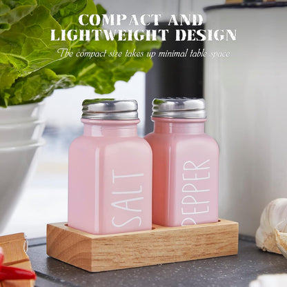 Pink Salt and Pepper Shakers Set with Holder - Pink Kitchen Home Decor and Accessories - Dopeca Glass Salt Shaker with Wood Tray for Kitchen Counter or Table -2.7 Oz