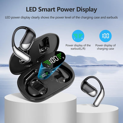 Open Ear Bone Conduction Headphones，,Over Ear Earbuds with Ergonomic Earhook,Bluetooth Headphones 5.4 with Smart Digital Display,50H Playtime Translation Earbuds Real Time - AI 144 Language