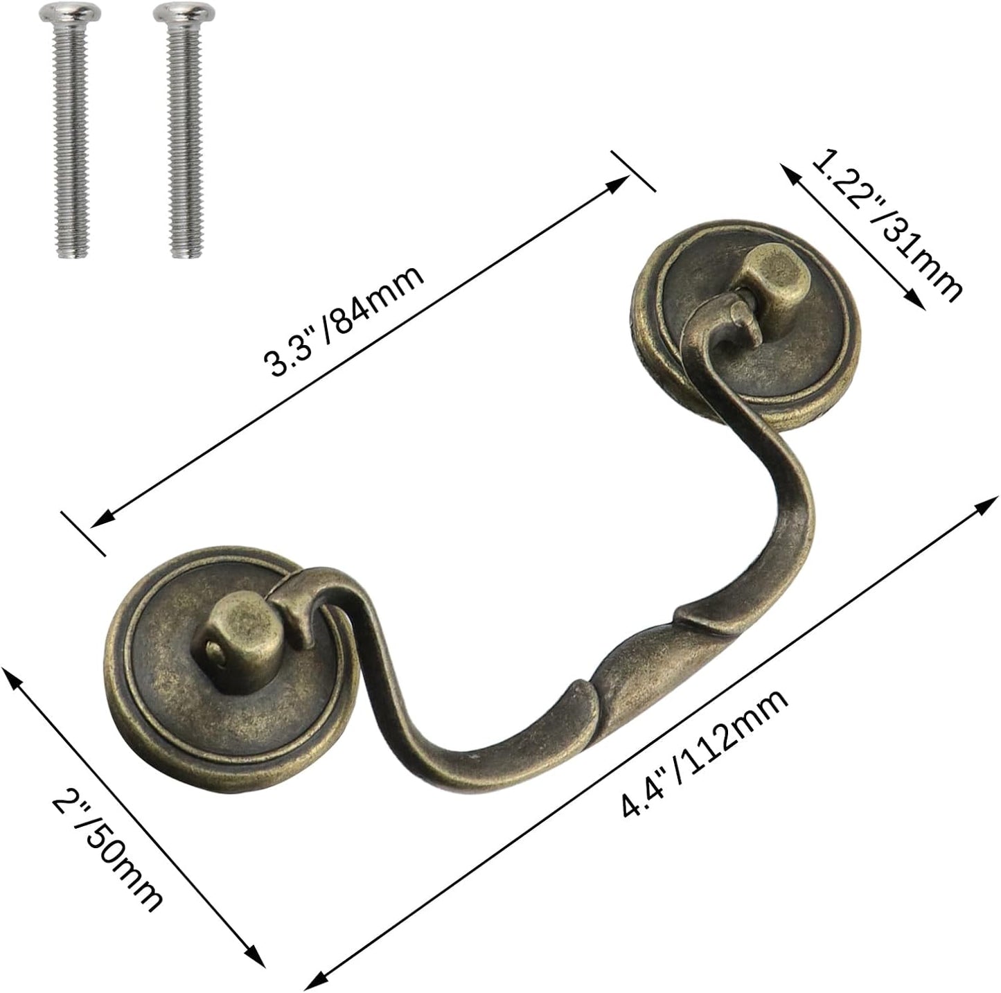 6 Pcs Antique Bail Handle Drop Pulls Vintage Bronze Drop Bail Drawer Pulls Cabinet Pull Handles for Closets, Cabinet, Drawer, Furniture (3.3" Hole Centers, 4.4" Total Length)