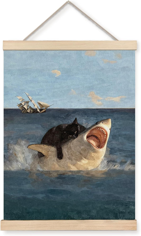 Foritho Funny Renaissance Fat Black Cat Vs Shark Meme Poster Wall Art Framed, Vintage Quirky Cat Animal Classic Oil Painting Canvas Prints Wall Decor for Home Room Office, 12X16 Inch