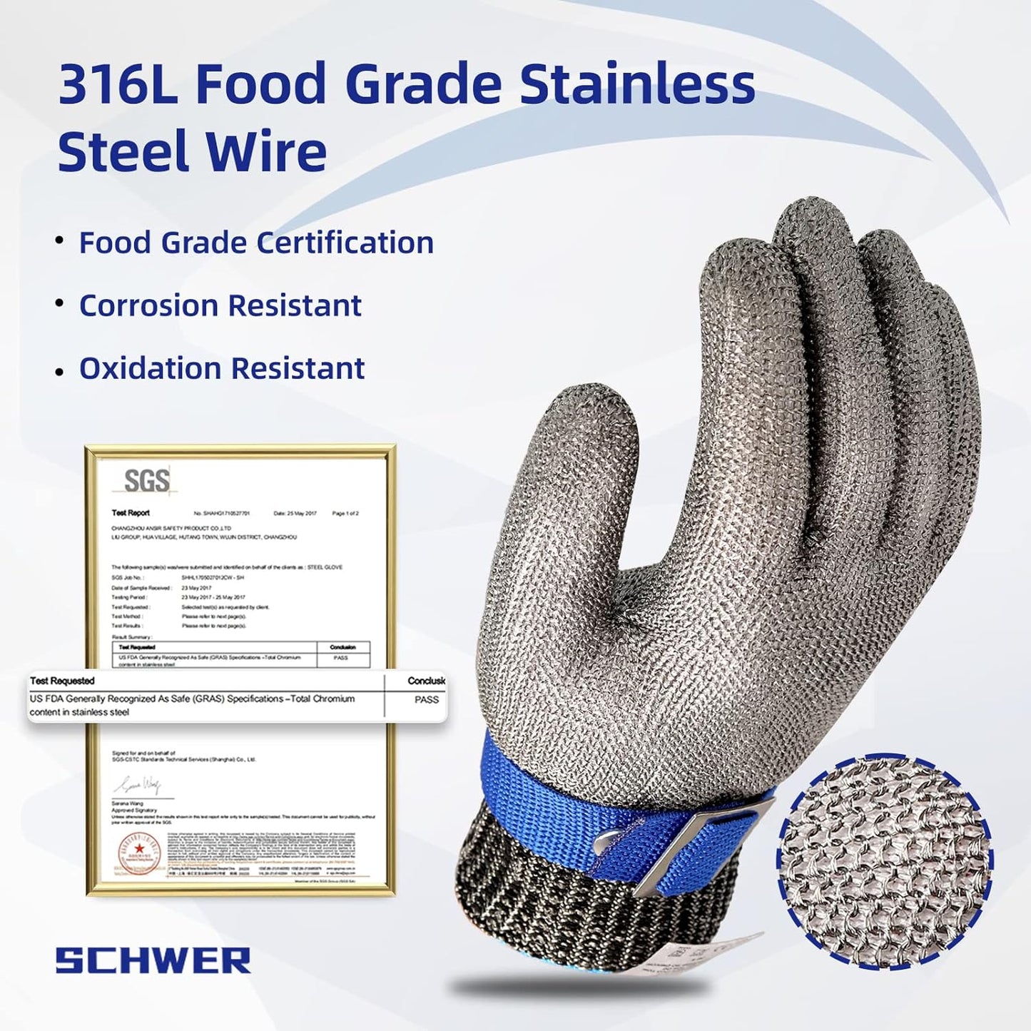 Schwer Slicepro ANSI A9 Cut Resistant Glove PR1706, Stainless Steel Mesh Metal Glove, Food Grade for Kitchen Cooking, Butcher Meat Cutting, Oyster Shucking, Mandoline, Fishing, (M, 1 PCS)
