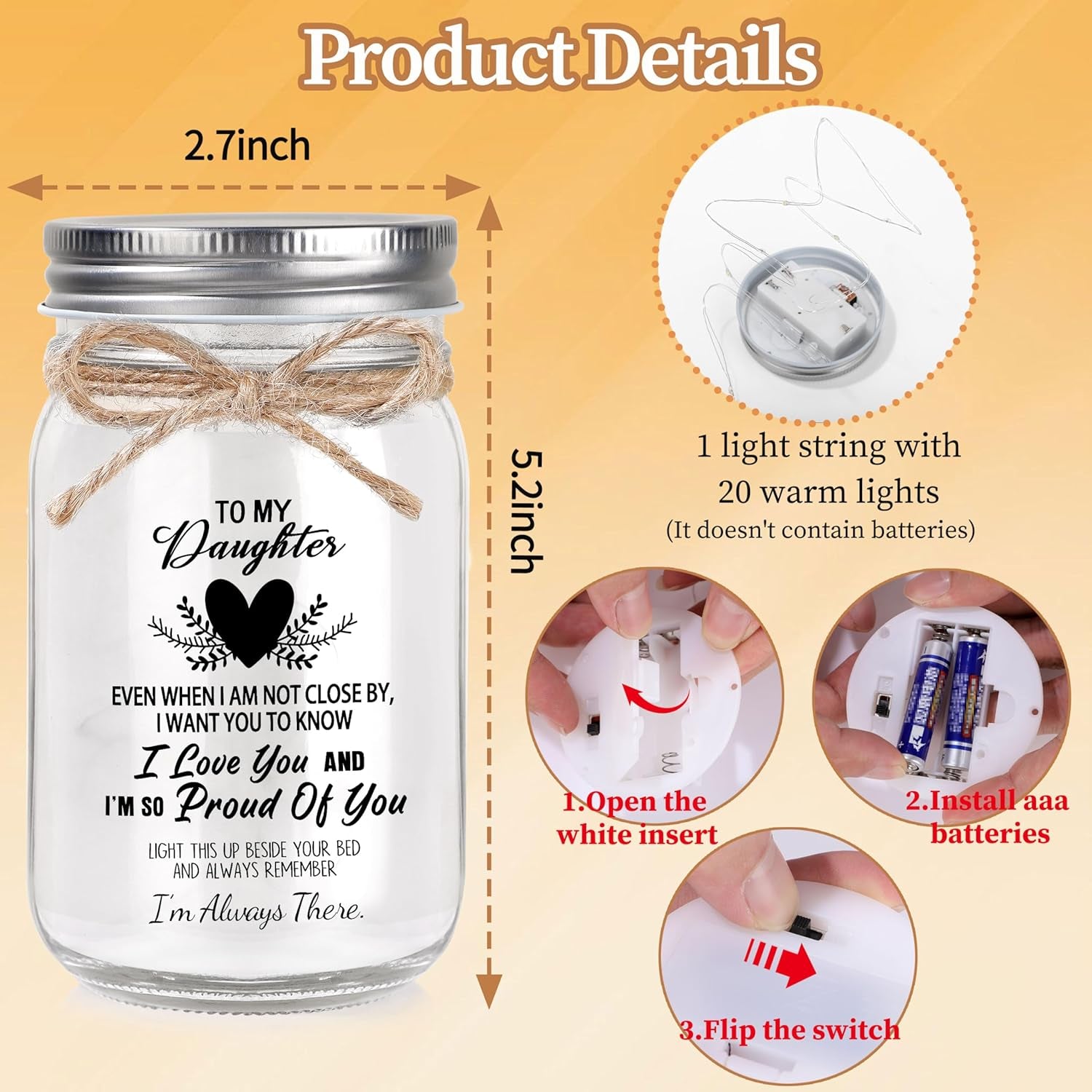 Gift for Daughter, Daughter Birthday Gifts from Mom Dad, Mother Daughters Gift, Daughters Gifts Mother'S Day Graduation Decorative Jar Light Night