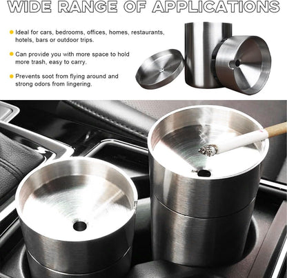 Ohleats Car Ashtray with Lid, Stainless Steel Smokeless Smell Proof Auto Ash Tray, Detachable Mini Portable Cup Holder Cigarette Ashtray for Vehicle Office Home, Car Accessories (Silver)