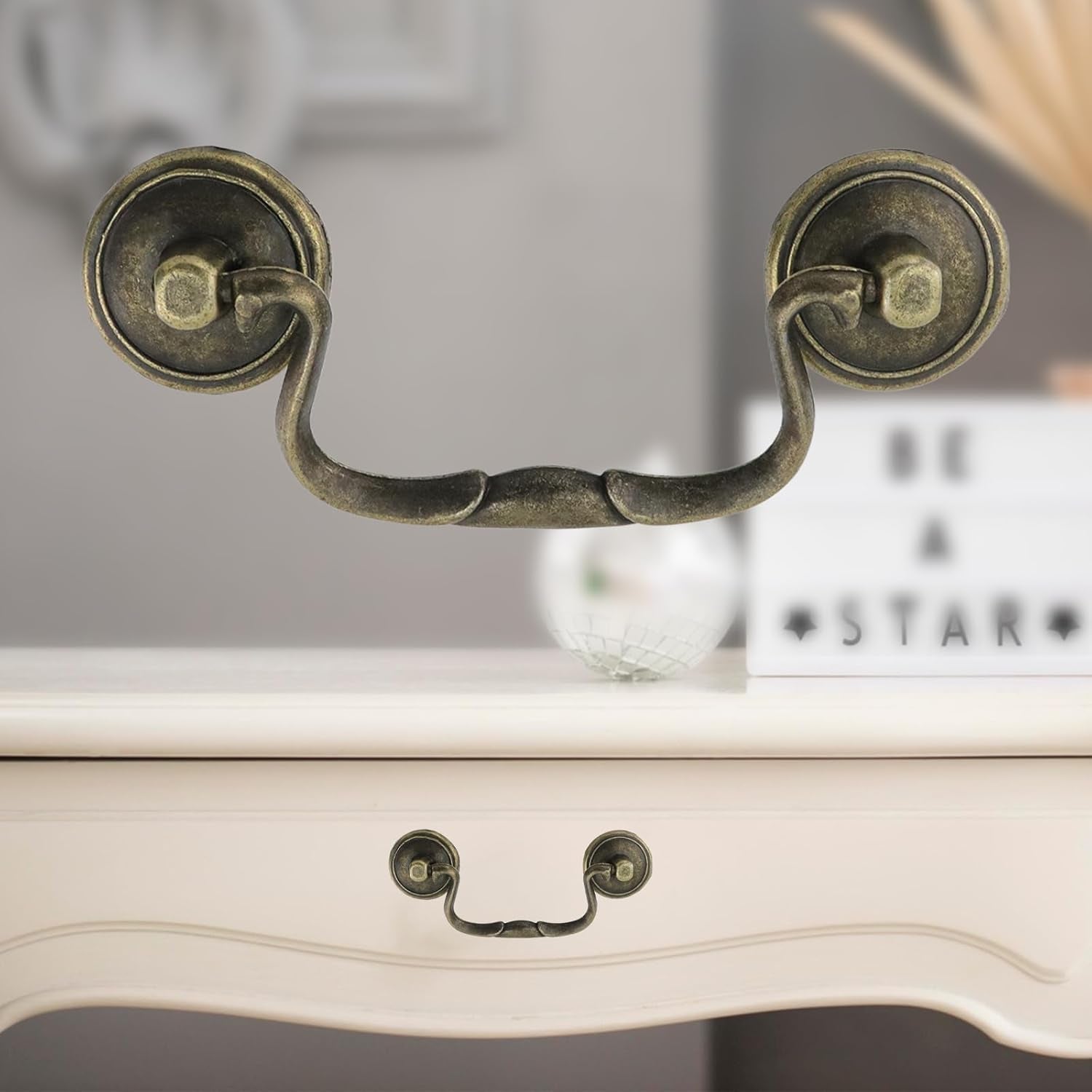 6 Pcs Antique Bail Handle Drop Pulls Vintage Bronze Drop Bail Drawer Pulls Cabinet Pull Handles for Closets, Cabinet, Drawer, Furniture (3.3" Hole Centers, 4.4" Total Length)