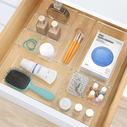 Stormiracle 28 PCS Clear Plastic Drawer Organizers Set, 4 Size Desk Drawer Organizer Trays for Makeup, Jewelry, Kitchen Utensils, Gadgets and Office Accessories