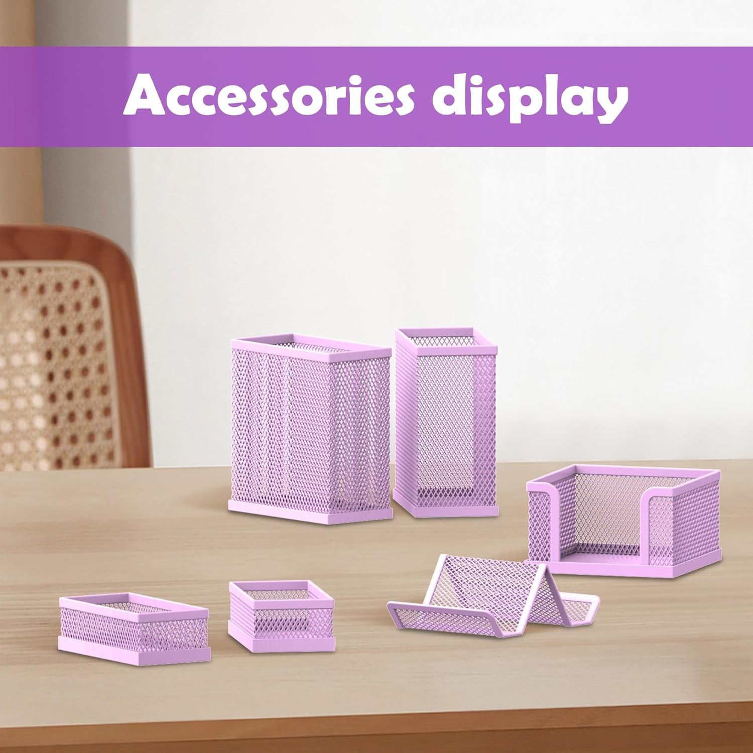 SUPEASY Pen Holder for Desk, 6 Piece Mesh Desk Organizer Set for Office Organization with Mail Organizer, Letter Phone Holder, Sticky Notes Caddy Storage, Purple