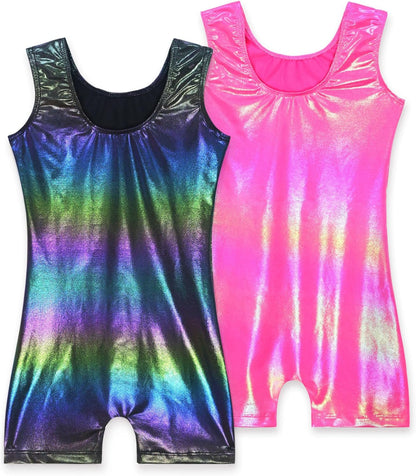 2 Pack Leotard for Girls Gymnastics Sparkly Tumbling Unitards with Shorts Sleeveless One Piece Biketards