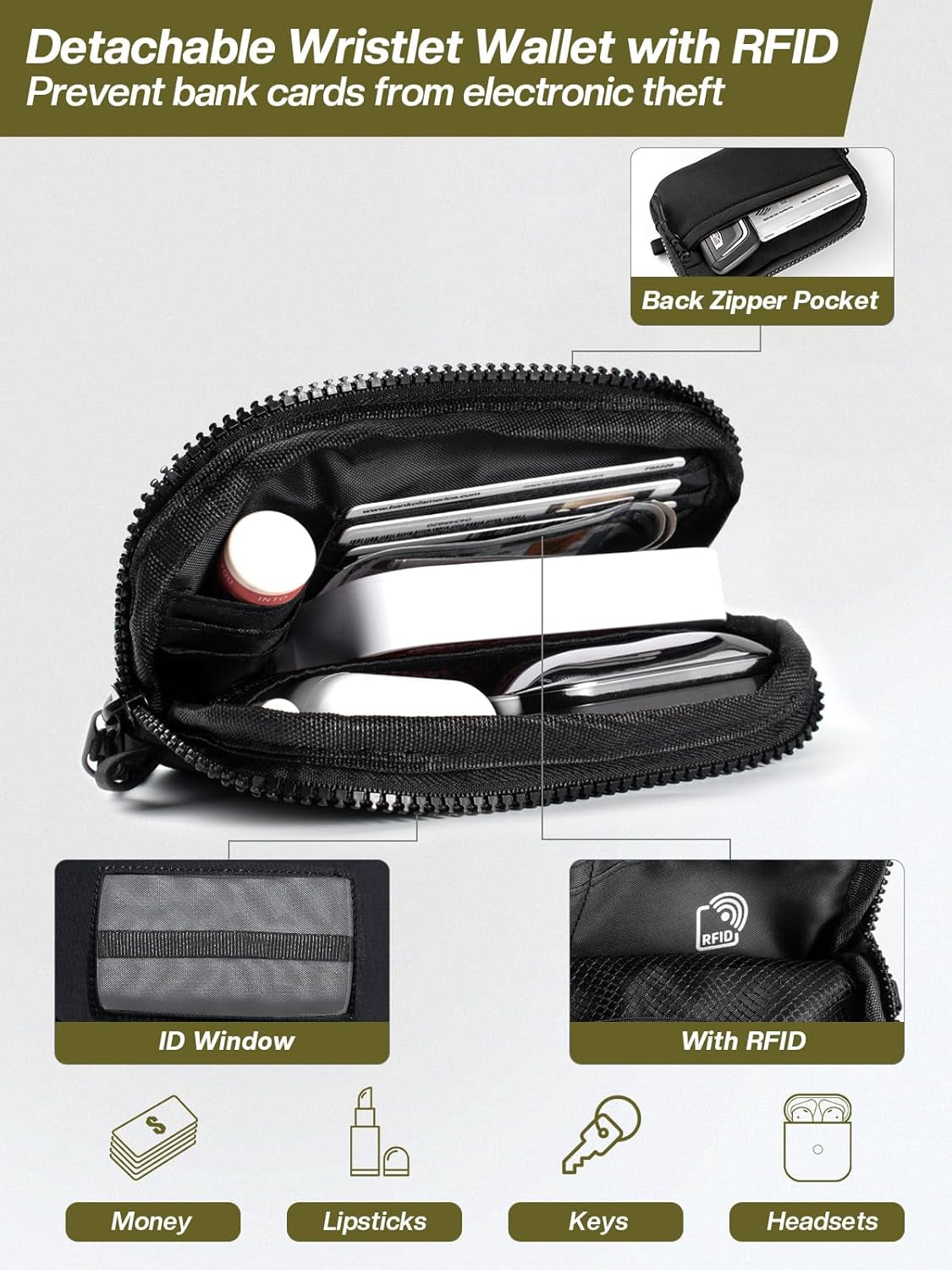 Tiostep Clip and Go Strap for Phone with Wallet Crossbody Phone Lanyard Adjustable and Detachable RFID Wristlet Wallet with ID Window and Zipper, Black