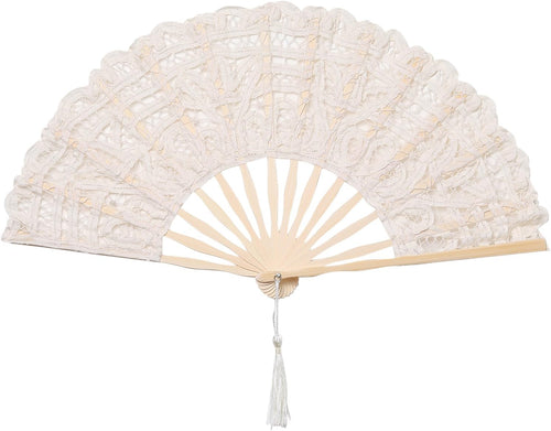 BABEYOND Cotton Lace Folding Handheld Fan Embroidered Bridal Hand Fan with Bamboo Staves for Wedding Decoration Dancing Party