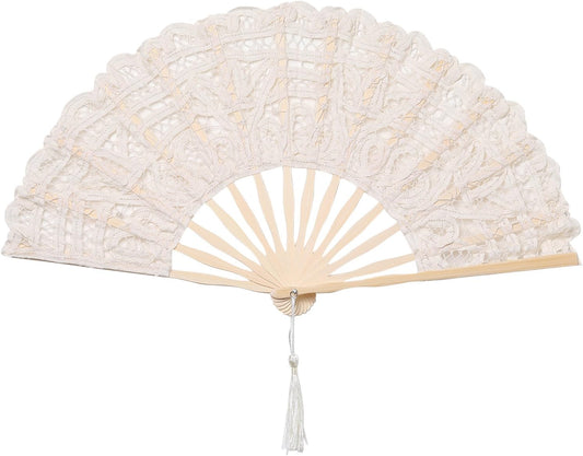 BABEYOND Cotton Lace Folding Handheld Fan Embroidered Bridal Hand Fan with Bamboo Staves for Wedding Decoration Dancing Party