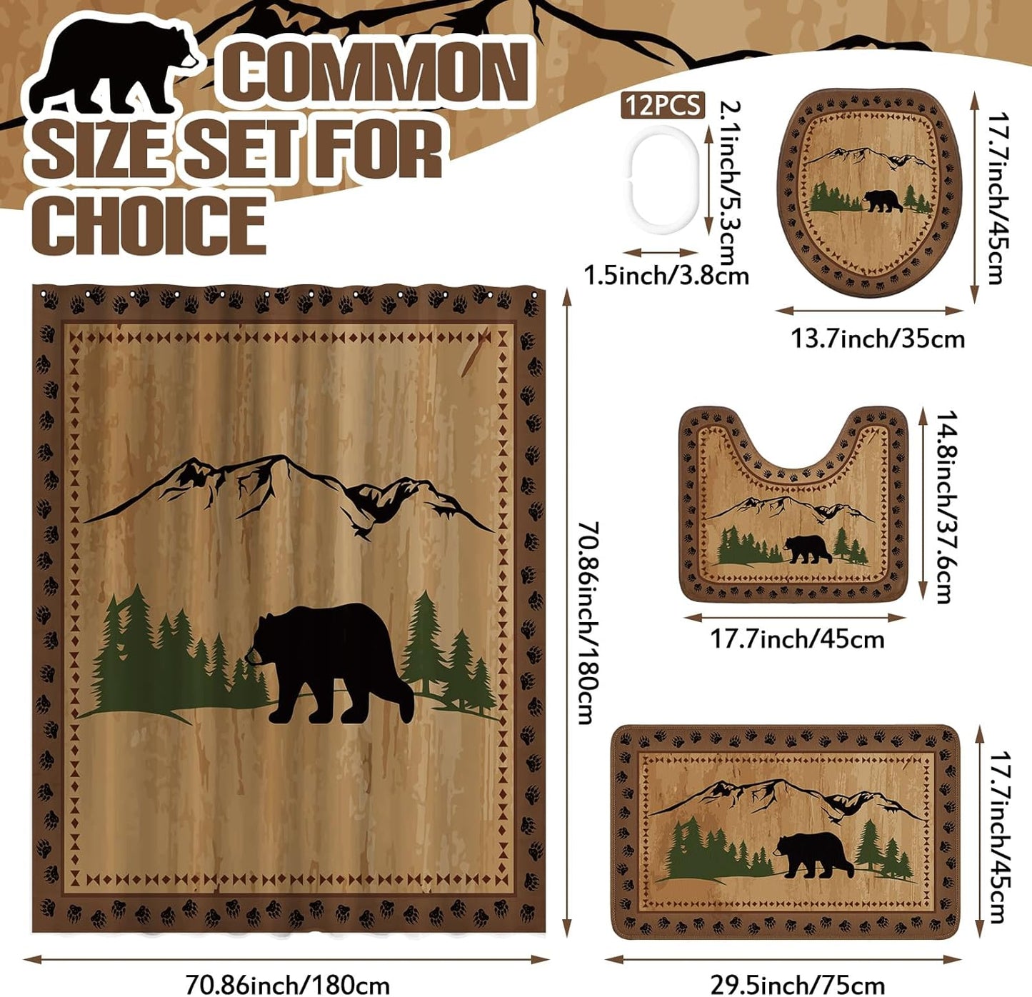 Drydiet 4 Pcs Bear Shower Curtain Set Rustic Cabin Bathroom Decor Farmhouse Waterproof Bear Shower Curtain with Non Slip Rug Toilet Lid Cover Bath Mat and 12 Hooks for Bathroom Decor 71 X 71 Inch