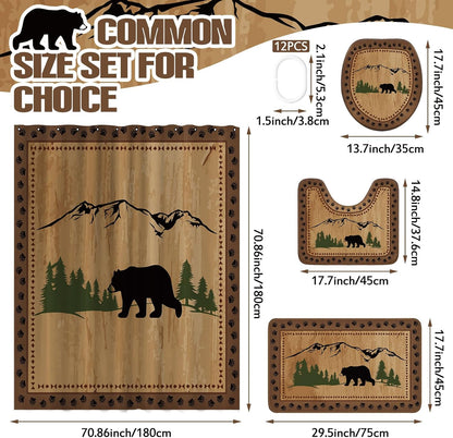 Drydiet 4 Pcs Bear Shower Curtain Set Rustic Cabin Bathroom Decor Farmhouse Waterproof Bear Shower Curtain with Non Slip Rug Toilet Lid Cover Bath Mat and 12 Hooks for Bathroom Decor 71 X 71 Inch