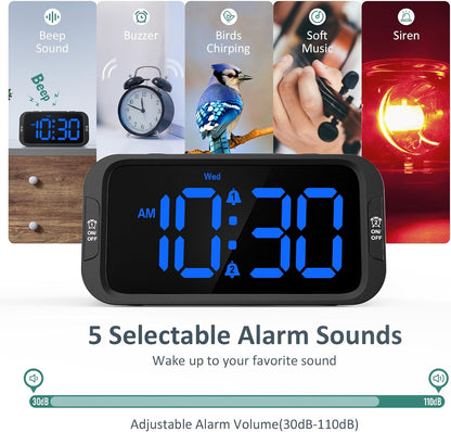 Odokee Digital Dual Alarm Clock for Bedroom, Easy to Set, 0-100% Dimmer, USB Charger, 5 Sounds Adjustable Volume, Weekday/Weekend Mode, Snooze, 12/24Hr, Battery Backup, Compact for Bedside(Blue)