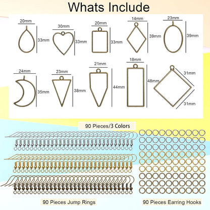 270 Pieces Open Bezel Pendants for Resin, 12 Styles Open Frame Pendant Assorted Geometric Hollow Mold Metal Resin Jewelry Molds for Earrings, Necklace, Pressed Flower, DIY Crafts