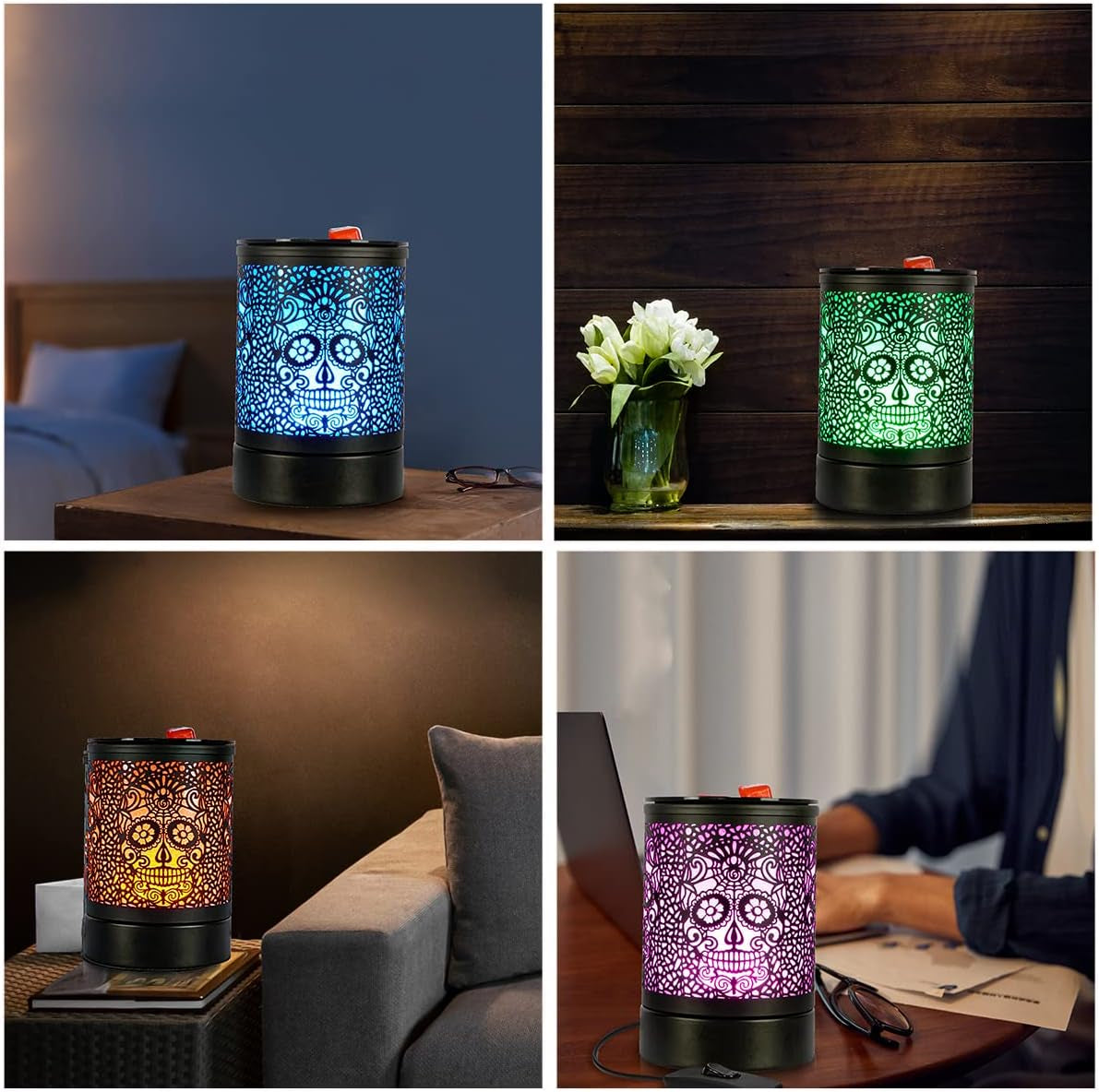 Enaroma Fragrance Wax Melts Warmer with 7 Colors LED Changing Light Classic Black Forest Design Scent Oil Candle Warmer for Home Skull