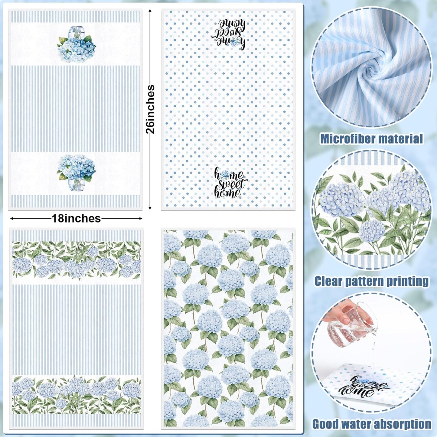 Fuweave 4 Pack Blue Hydrangea Kitchen Hand Towels Farmhouse Blue Hydrangea Decor, 18X26 Inch Summer Flowers Decorative Spring Floral Tea Dish Towels for Kitchen Bathroom