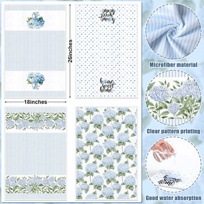 Fuweave 4 Pack Blue Hydrangea Kitchen Hand Towels Farmhouse Blue Hydrangea Decor, 18X26 Inch Summer Flowers Decorative Spring Floral Tea Dish Towels for Kitchen Bathroom