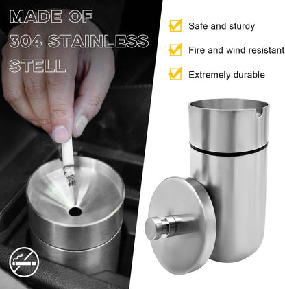 Ohleats Car Ashtray with Lid, Stainless Steel Smokeless Smell Proof Auto Ash Tray, Detachable Mini Portable Cup Holder Cigarette Ashtray for Vehicle Office Home, Car Accessories (Silver)