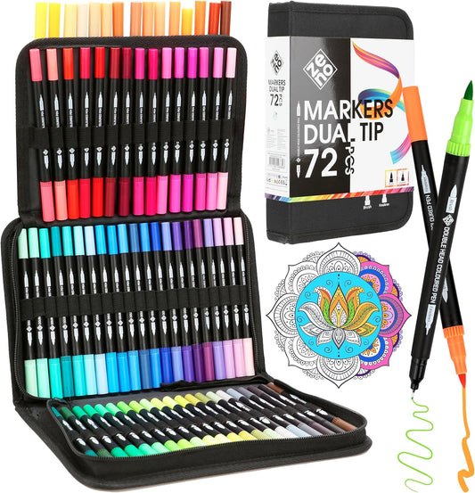 ZENO 72 Dual Tip Markers Set with Case – No-Bleed Art Markers for Adults – Fine & Brush Tips, Watercolor Pens for Artists, Journaling, and Creative Projects