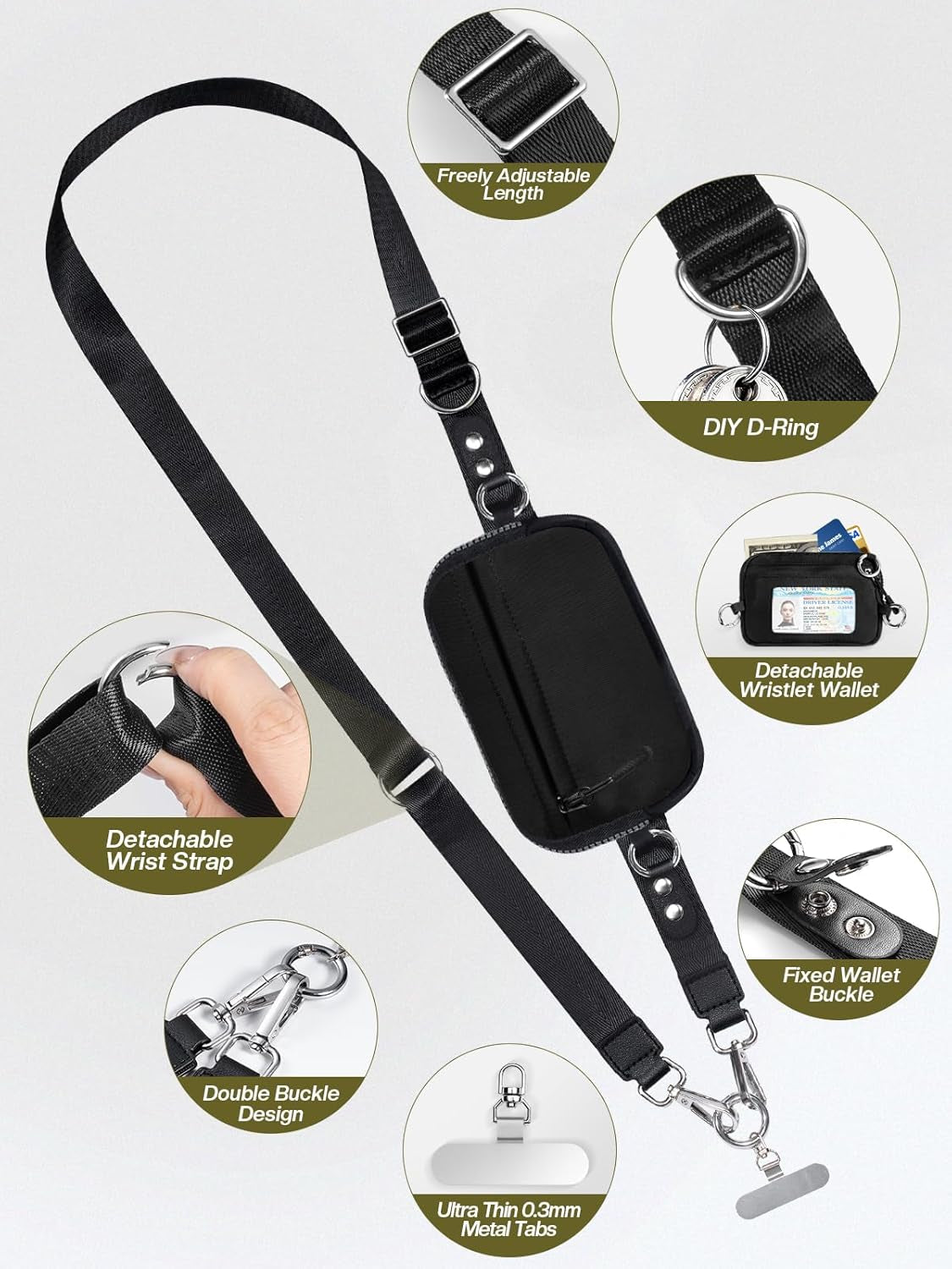 Tiostep Clip and Go Strap for Phone with Wallet Crossbody Phone Lanyard Adjustable and Detachable RFID Wristlet Wallet with ID Window and Zipper, Black