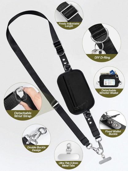 Tiostep Clip and Go Strap for Phone with Wallet Crossbody Phone Lanyard Adjustable and Detachable RFID Wristlet Wallet with ID Window and Zipper, Black