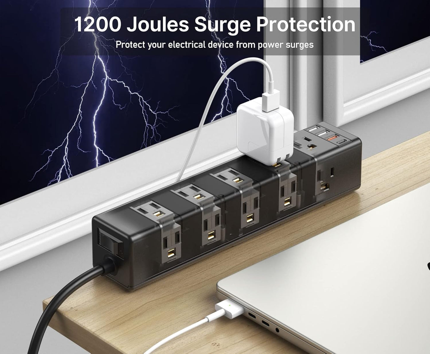 CCCEI Standing Desk Clamp Power Strip with 15 Outlets, Widely Spaced Desktop Edge Mount Surge Protector Outlet, Fast Charging USB-A and USB-C Ports, 6 FT Flat Plug, Black Fit 1.6 Inch Table Top.