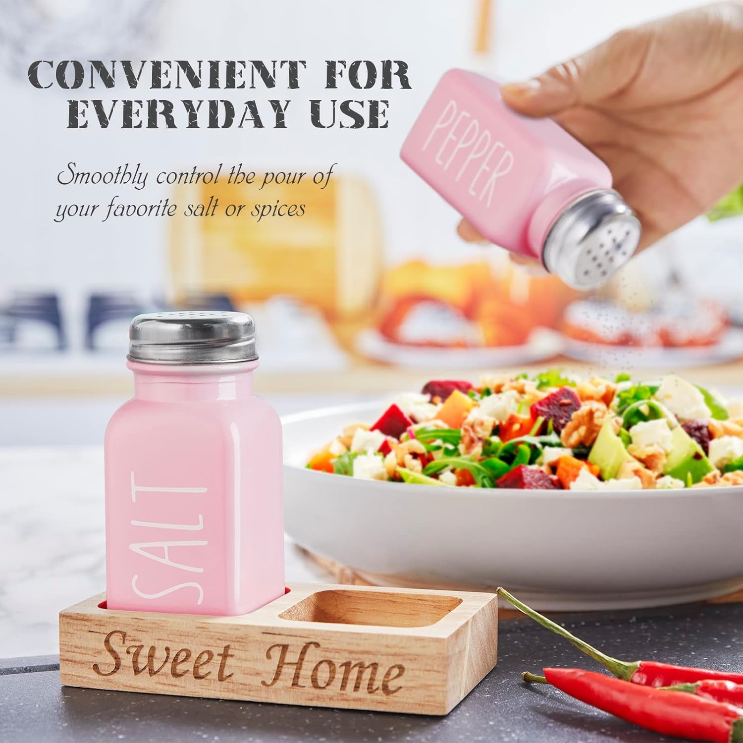 Pink Salt and Pepper Shakers Set with Holder - Pink Kitchen Home Decor and Accessories - Dopeca Glass Salt Shaker with Wood Tray for Kitchen Counter or Table -2.7 Oz