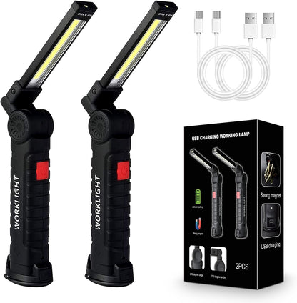 2Pack LED Work Lights, USB Rechargeable COB Light with Magnetic Base 360°Rotate and 5 Modes, Folding Flashlight Inspection Mechanic Light for Car Repairing, Workshop, Household and Emergency Use,Large