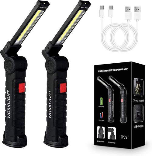 2Pack LED Work Lights, USB Rechargeable COB Light with Magnetic Base 360°Rotate and 5 Modes, Folding Flashlight Inspection Mechanic Light for Car Repairing, Workshop, Household and Emergency Use,Large
