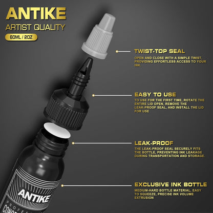 ANTIKE Black Tattoo Ink 2Oz Pro Tattoo Ink Concentrated Black 60Ml USA Standard Pigment for Tattoo Artist TI5003-60-030