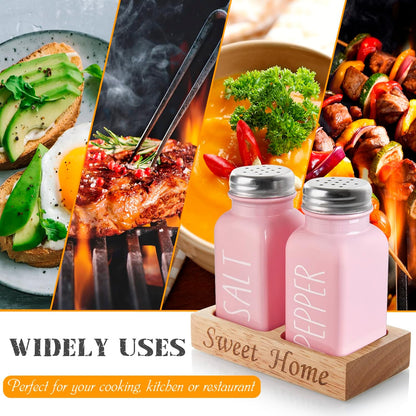 Pink Salt and Pepper Shakers Set with Holder - Pink Kitchen Home Decor and Accessories - Dopeca Glass Salt Shaker with Wood Tray for Kitchen Counter or Table -2.7 Oz