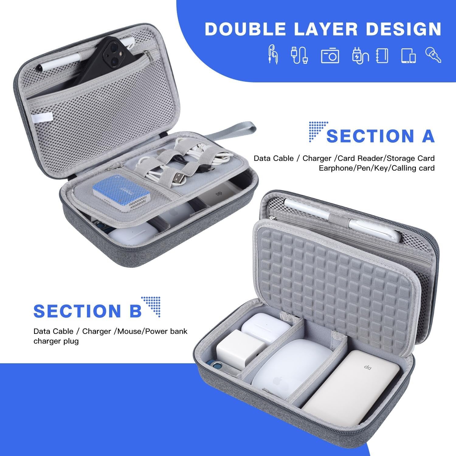 Hard Electronic Organizer Travel Case for Macbook Power Adapter Chargers Cables Power Bank Apple Magic Mouse Apple Pencil USB Flash Disk SD Card Hard Drive Waterproof Shockproof Carrying Case, Grey