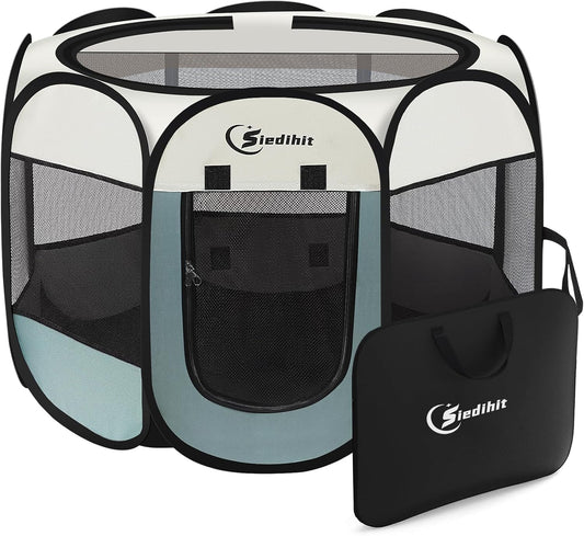 Siedihit Dog Cat Playpen, Puppy Pet Playpen Indoor for Small Dog Crate Tent Cage Outdoor, Portable Pop up Dogs Enclosure Kennel with Carrying Case for Dogs/Cats/Rabbits(Grey, Small