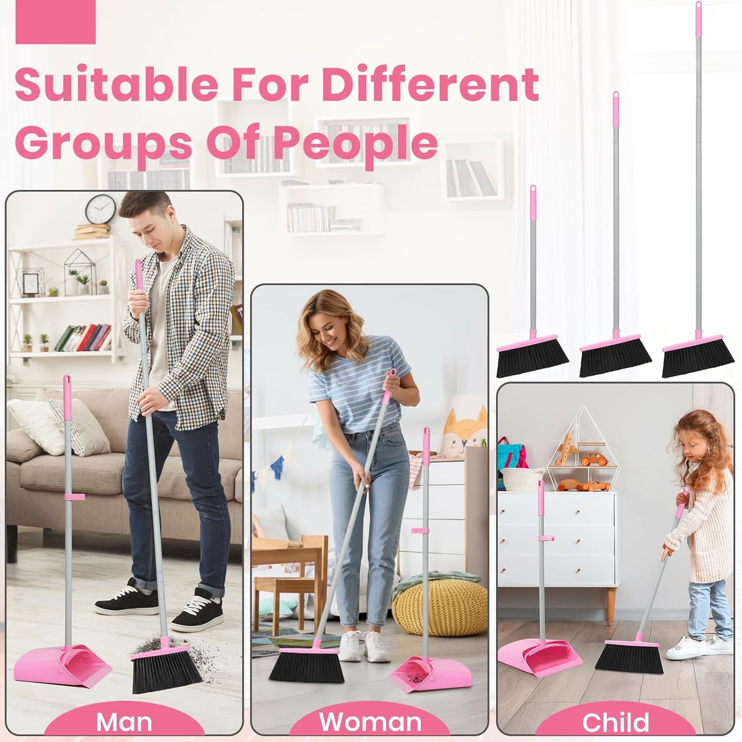REEWII Pink Broom and Dustpan Set,58” Long Adjustable Handle Small Broom with Stand up Dustpan Combo Set with Dust Pan Teeth,For Indoor Home Office Floor Cleaning