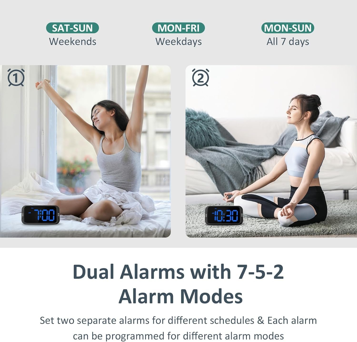 Odokee Digital Dual Alarm Clock for Bedroom, Easy to Set, 0-100% Dimmer, USB Charger, 5 Sounds Adjustable Volume, Weekday/Weekend Mode, Snooze, 12/24Hr, Battery Backup, Compact for Bedside(Blue)