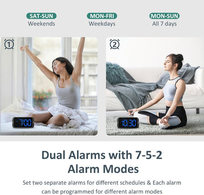 Odokee Digital Dual Alarm Clock for Bedroom, Easy to Set, 0-100% Dimmer, USB Charger, 5 Sounds Adjustable Volume, Weekday/Weekend Mode, Snooze, 12/24Hr, Battery Backup, Compact for Bedside(Blue)