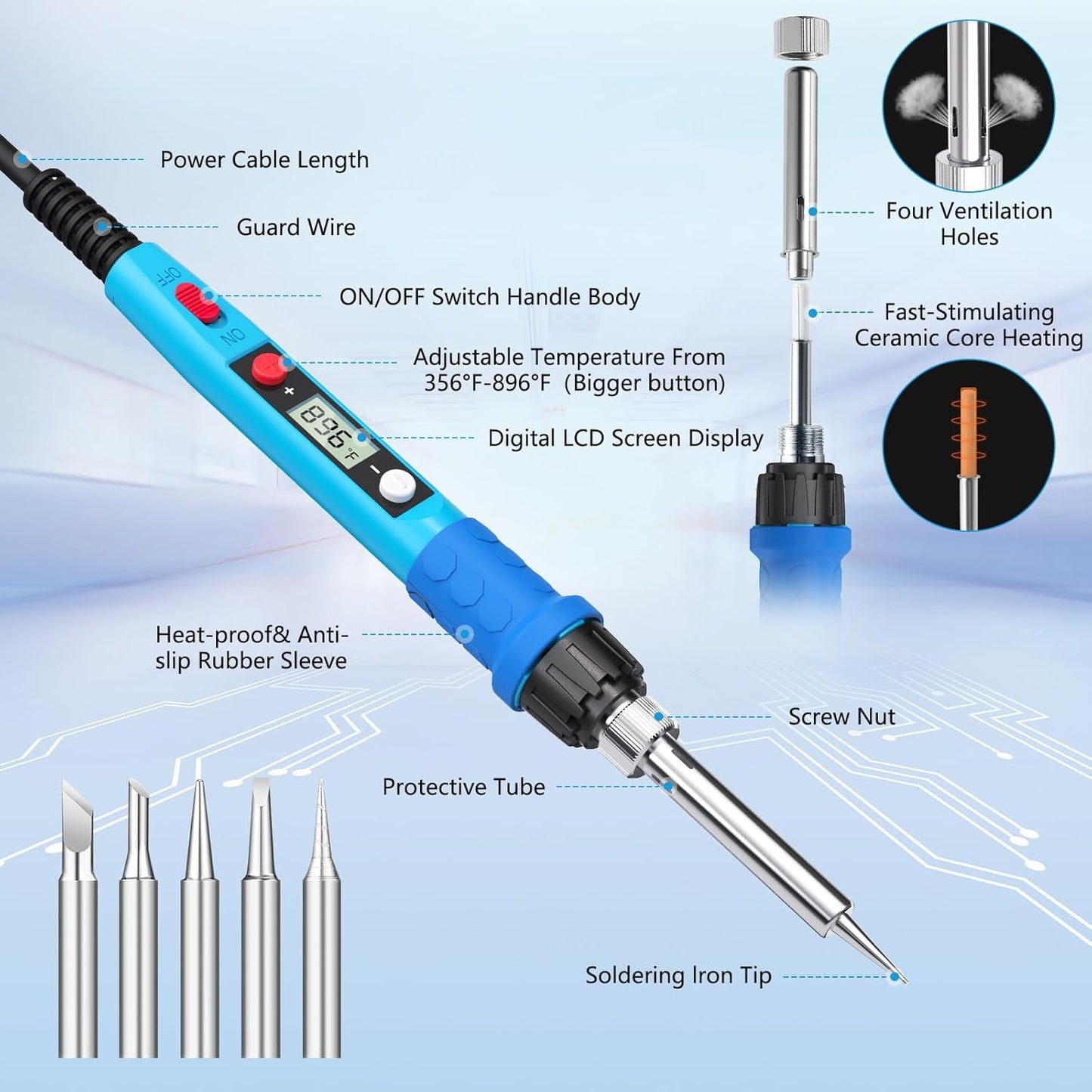 Soldering Iron Kit, 80W 110V LCD Digital Solder Iron Pen with Ceramic Heater, Portable Welding Tools with 5Pcs Tips, Stand, Solders Wire, Sponge, Paste, for Metal,Electric Repairs, DIY