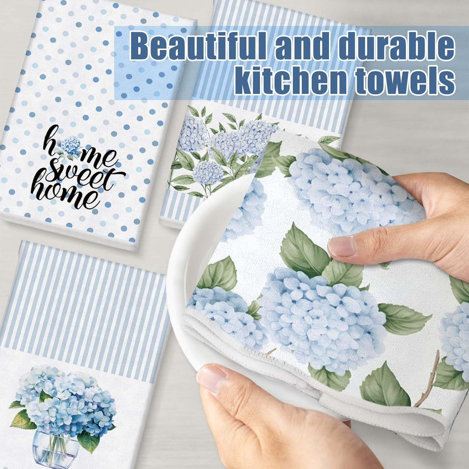 Fuweave 4 Pack Blue Hydrangea Kitchen Hand Towels Farmhouse Blue Hydrangea Decor, 18X26 Inch Summer Flowers Decorative Spring Floral Tea Dish Towels for Kitchen Bathroom