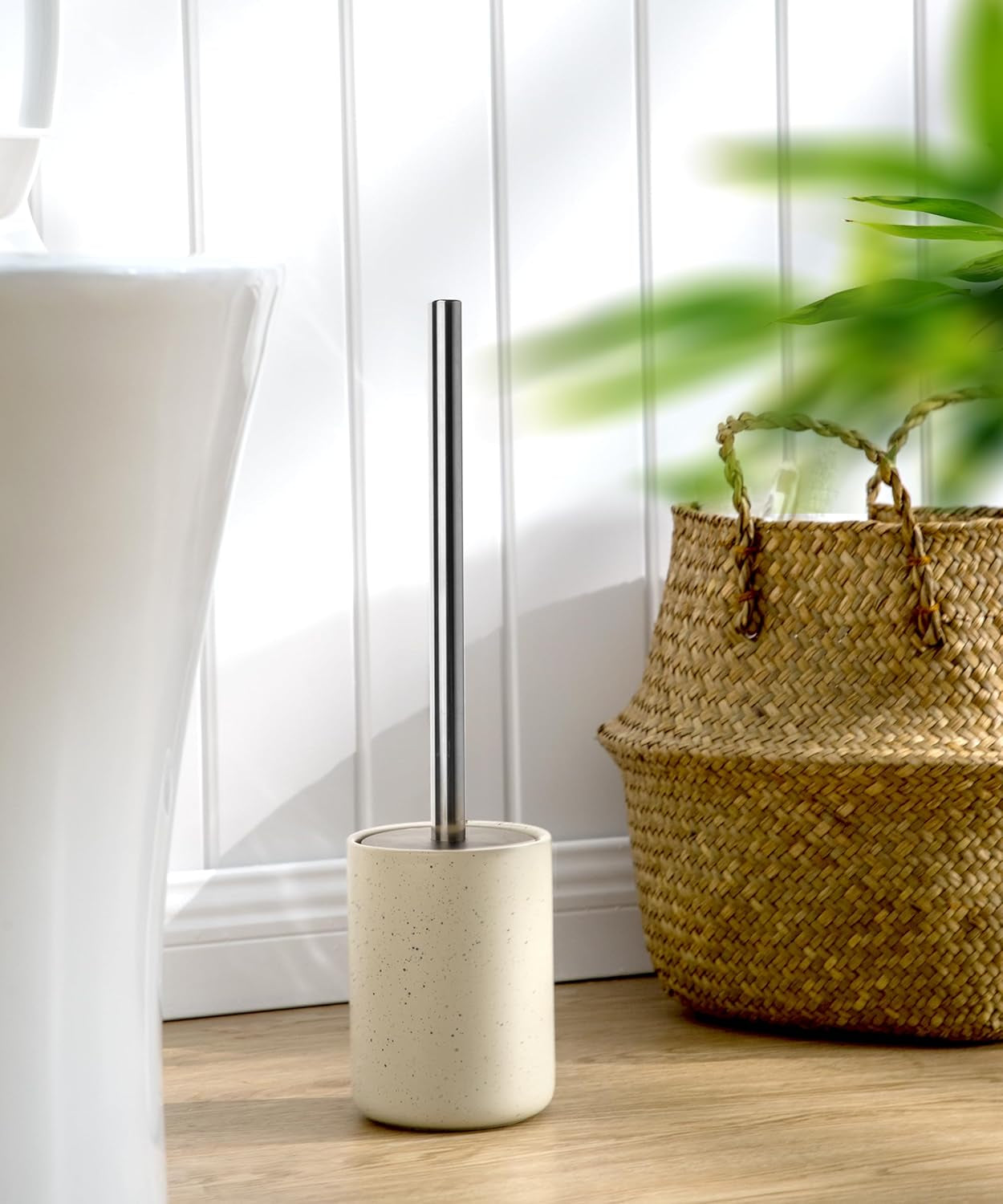 Ceramic Toilet Brush & Holder Set - Freestanding Deep-Cleaning Toilet Bowl Cleaner Brush, Stainless Steel Handle, Small & Sturdy for Storage, Easy to Clean, Non-Scratching