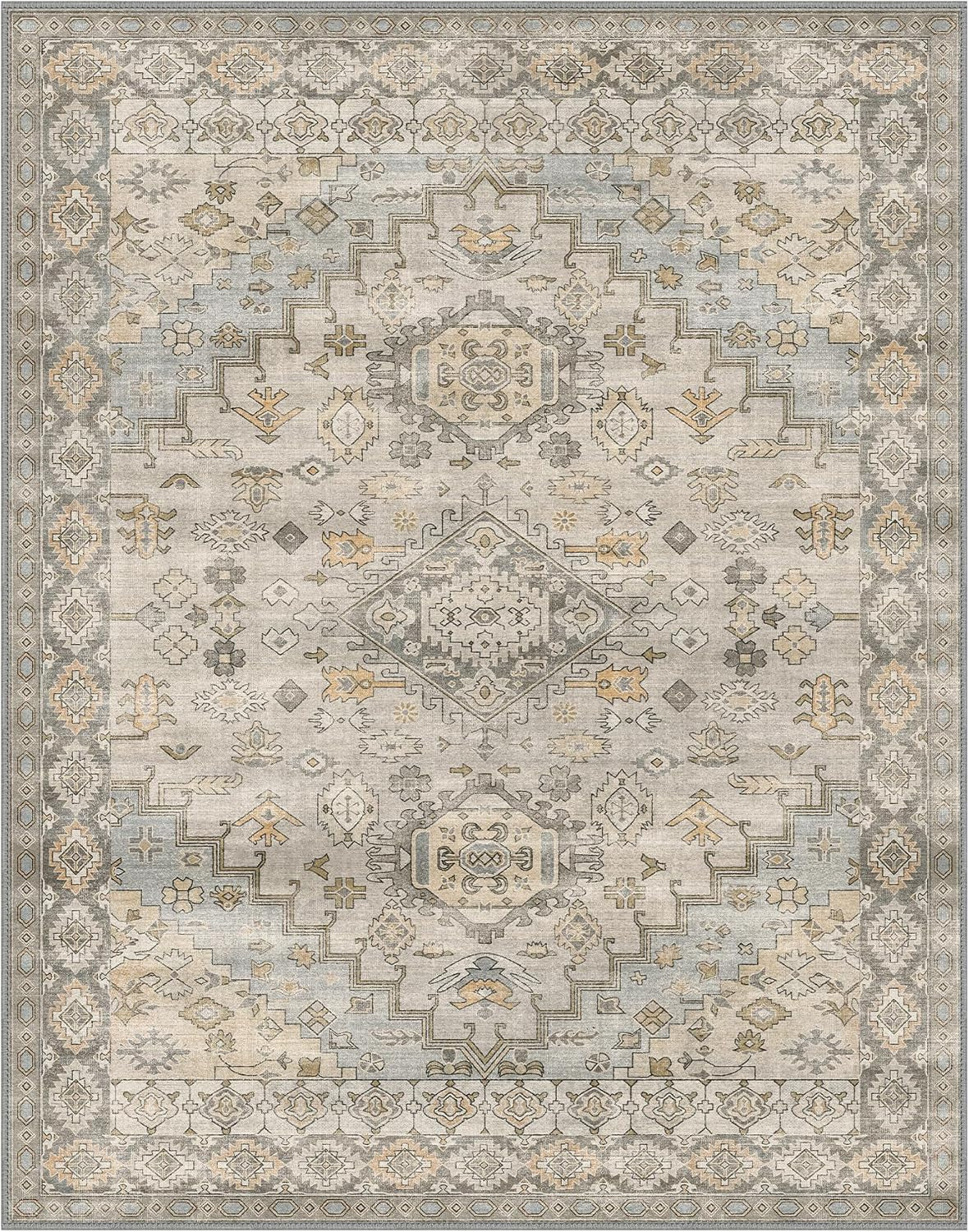 GENIMO 8X10 Area Rugs for Living Room, Machine Washable Non Slip Vintage Rugs, Low Pile Lightweight Chenille Print Rug for Bedroom, Dining Room, Home Office, Antique Taupe