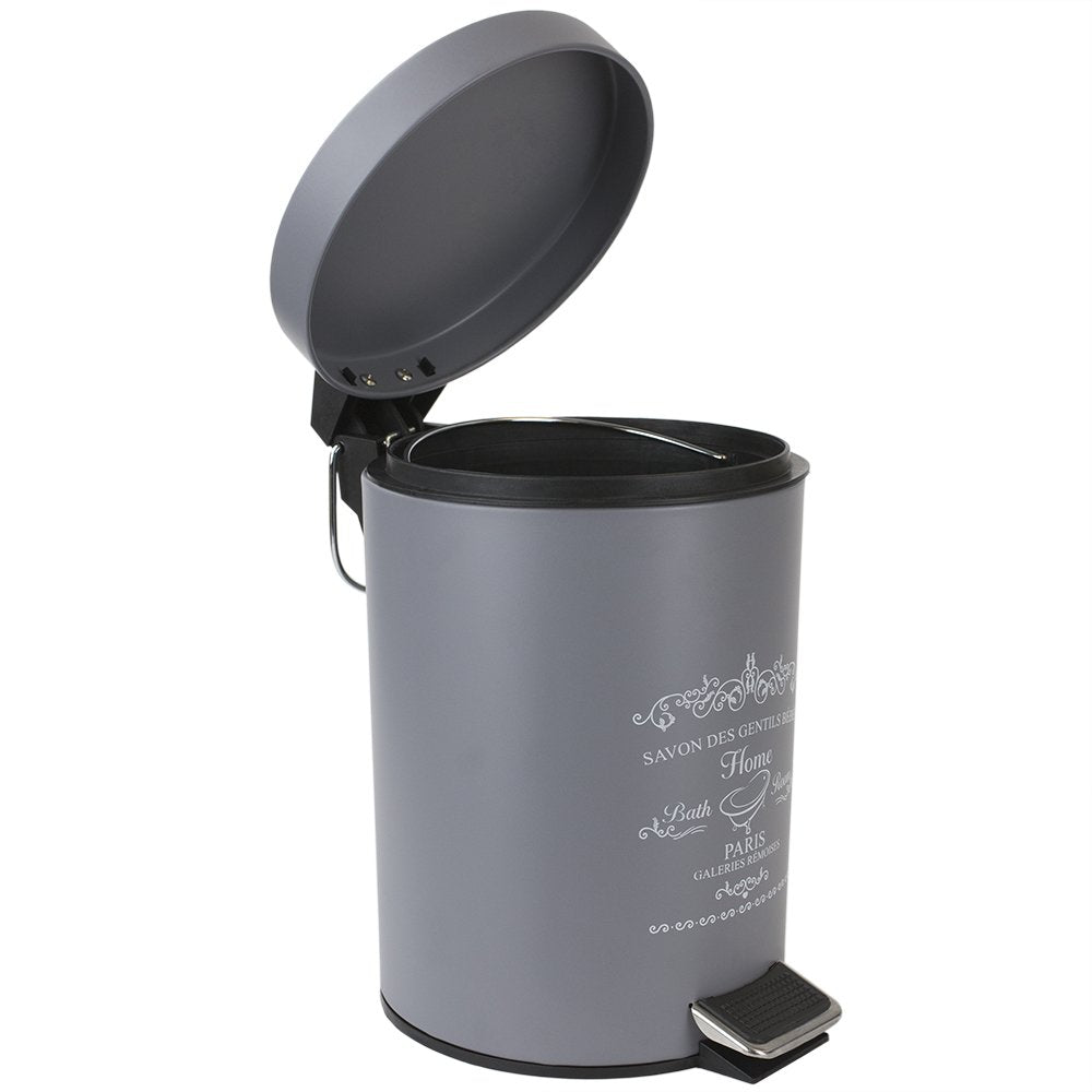 Home Basics Paris Collection Bathroom Accessories, Office, Bedroom, Decorative Waste Basket with Stylish Accent Decor to Complement Any Bathroom, 3 Liter Waste Bin, Grey