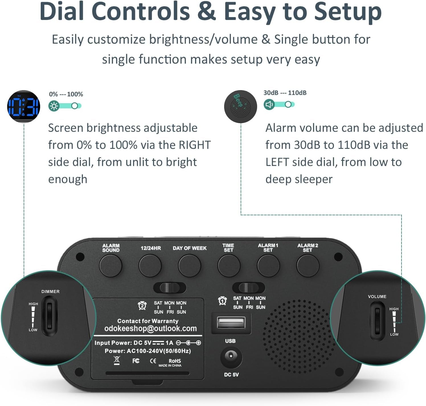 Odokee Digital Dual Alarm Clock for Bedroom, Easy to Set, 0-100% Dimmer, USB Charger, 5 Sounds Adjustable Volume, Weekday/Weekend Mode, Snooze, 12/24Hr, Battery Backup, Compact for Bedside(Blue)