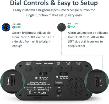 Odokee Digital Dual Alarm Clock for Bedroom, Easy to Set, 0-100% Dimmer, USB Charger, 5 Sounds Adjustable Volume, Weekday/Weekend Mode, Snooze, 12/24Hr, Battery Backup, Compact for Bedside(Blue)
