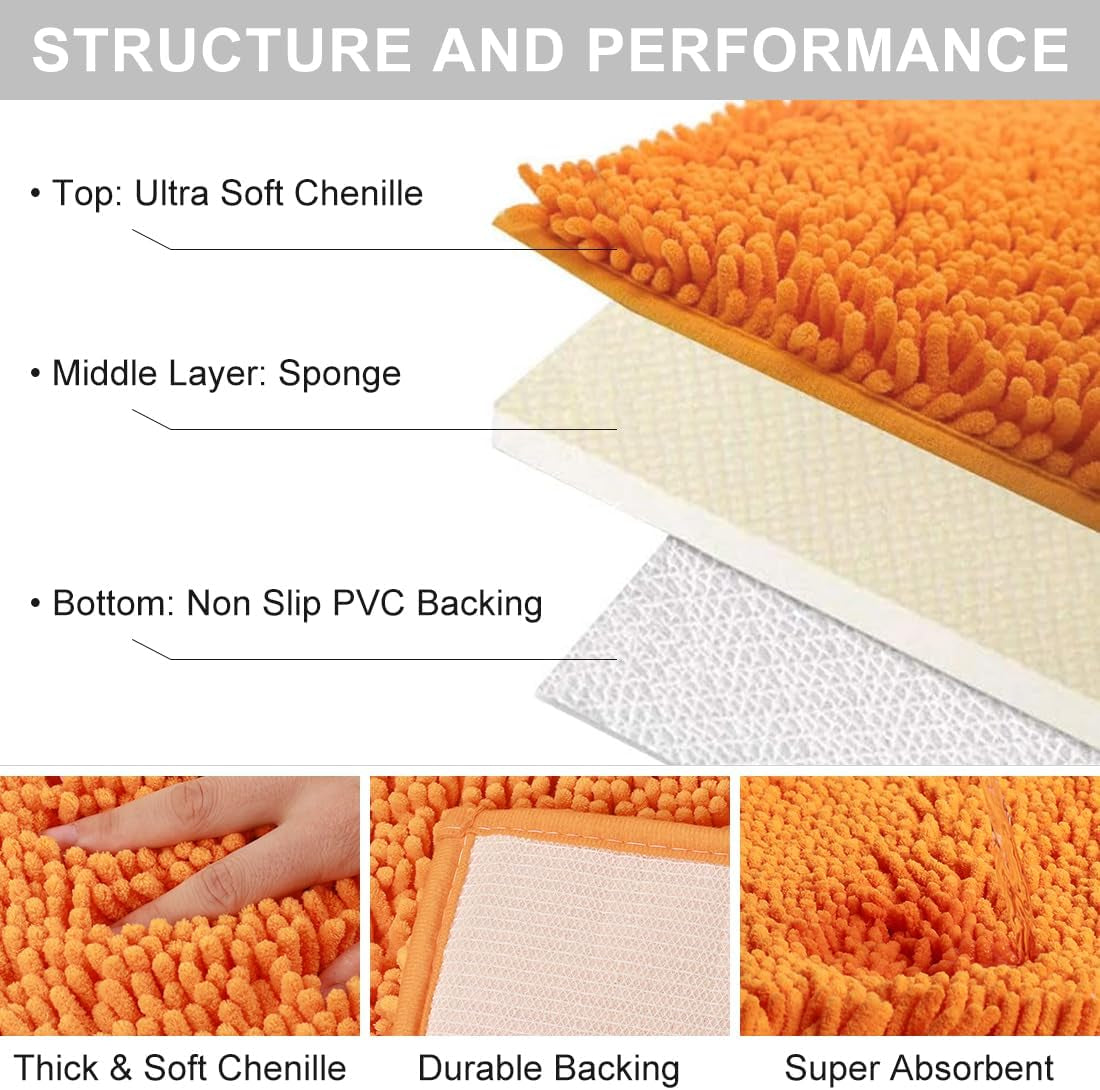 Vctops Orange Fall Plush Chenille Bath Rugs Extra Soft and Absorbent Microfiber Shag Rug, Non-Slip Runner Carpet for Tub Bathroom Shower Mat Orange 16" X 24"