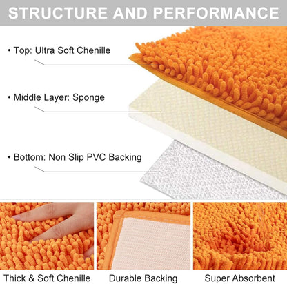 Vctops Orange Fall Plush Chenille Bath Rugs Extra Soft and Absorbent Microfiber Shag Rug, Non-Slip Runner Carpet for Tub Bathroom Shower Mat Orange 16" X 24"