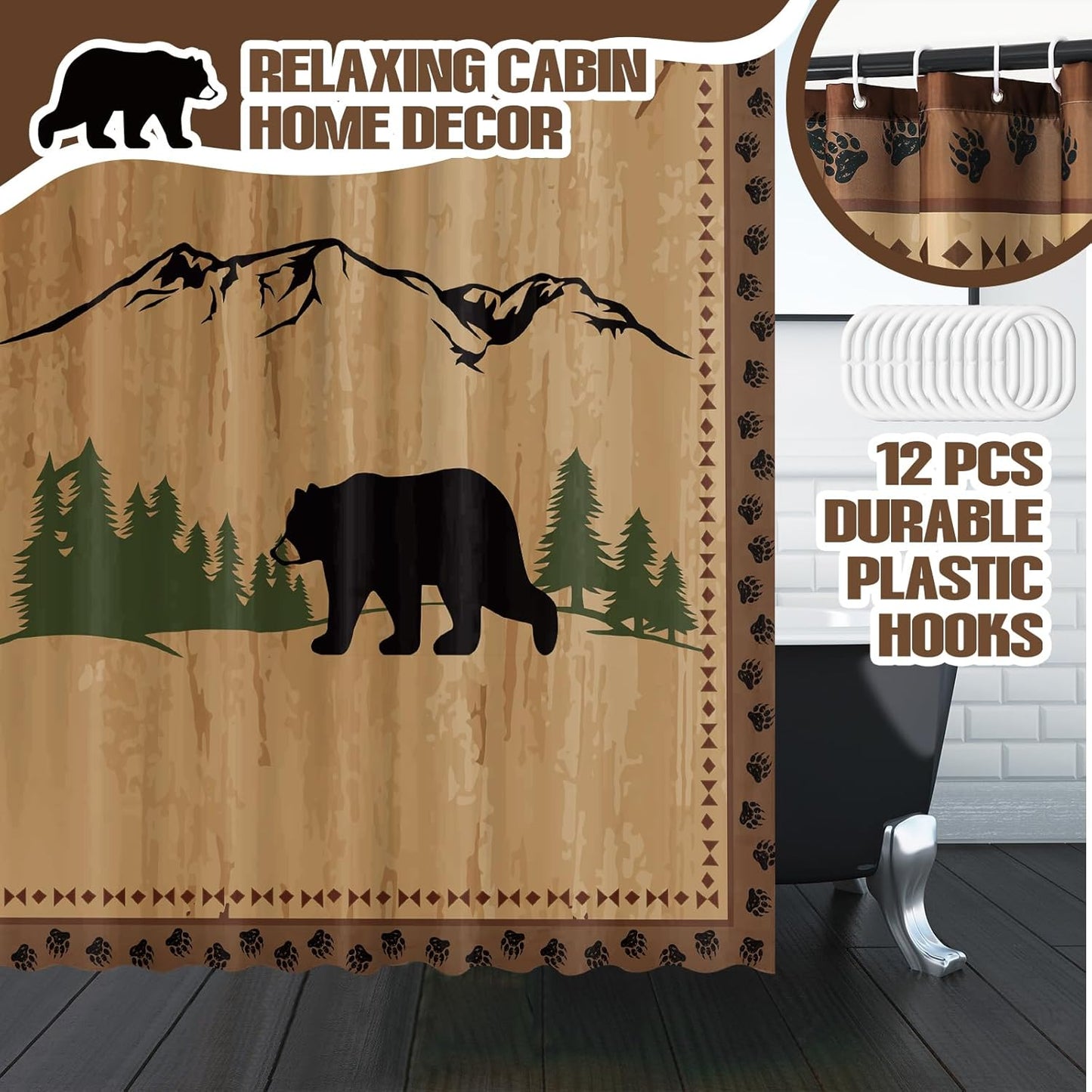 Drydiet 4 Pcs Bear Shower Curtain Set Rustic Cabin Bathroom Decor Farmhouse Waterproof Bear Shower Curtain with Non Slip Rug Toilet Lid Cover Bath Mat and 12 Hooks for Bathroom Decor 71 X 71 Inch